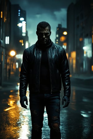 A dark figure emerges from the shadows, clad in a black leather jacket and torn jeans, against a backdrop of city lights reflecting off the wet asphalt. The hero's intense gaze pierces through the gloom, illuminated by a single spotlight casting an eerie glow.