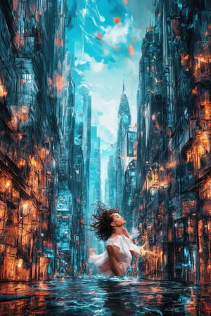 A cinematic dream sequence unfolds: a surreal cityscape with towering skyscrapers dissolves into a kaleidoscope of vibrant colors and abstract shapes. A lone figure, a woman with flowing hair and ethereal attire, floats amidst the swirling patterns, her eyes closed in rapt contemplation. The camera swoops and dives around her, capturing the dynamic interplay of light and form as the cityscape morphs into a tapestry of surreal beauty.