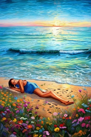 Capture a warm and inviting scene: a carefree individual lounging on a sun-kissed beach at dusk, surrounded by vibrant summer blooms. Soft golden light spills across the sand as they gaze out at the tranquil ocean, waves gently lapping at the shore. A relaxed smile spreads across their face, reflecting the joyful atmosphere of a perfect summer evening.