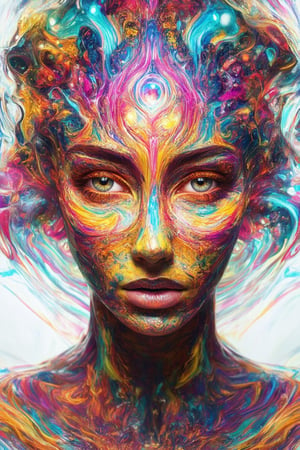 A vibrant 3D rendering of a single colorful face, set against a bright white background to maximize contrast. The face itself is a kaleidoscope of colors, with swirling patterns of pink, blue, and yellow hues that dance across the skin like an aurora borealis. The subject's eyes shine like gemstones, their gaze direct and expressive, as if inviting the viewer to step into this whimsical world of technicolor dreams.