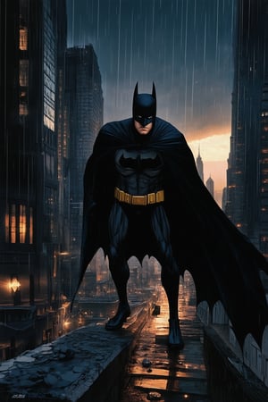 A dark and gritty cityscape at dusk, reminiscent of the iconic Gotham City from the DC Comics universe. A brooding figure, likely the Caped Crusader himself, Batman, perches precariously on a crumbling rooftop, his eyes fixed intently on some distant target. The Bat-signal casts an eerie glow on the rain-soaked streets below.