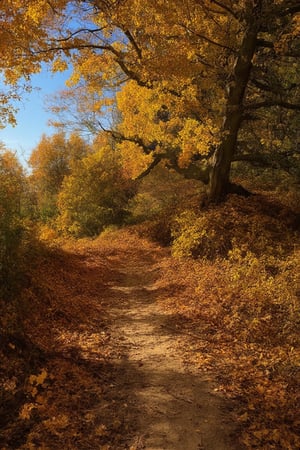 Capture a serene autumn landscape: a forest floor blanketed with golden leaves, rustling softly in the gentle breeze. A lone oak tree stands tall, its gnarled branches stretching towards the clear blue sky. The sun casts a warm, inviting light, illuminating the vibrant hues of the foliage. A meandering path, worn by time and use, leads the viewer's eye through the scene.