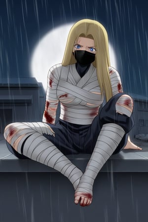 blonde woman, mature, adult, tall, outlined eyes, fine features, blue eyes, blue irises, straight hair, long hair, covered head, covered head, black bandages, black face mask, samurai suit, fighting suit, black samurai fighting suit, torn fighting suit, bloody suit, katana with discs, wounds, wounds all over the body, blood, pain, hurt, sitting, background, roof, night, rain, full moon,
