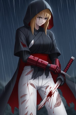 ((masterpiece, best quality)), woman, dark blonde hair, black hood, samurai suit, white pants, suit with red details, black color, torn suit, bloody suit, sword, wounds, wounds all over the body, blood, serious, in a night background, rain, thunder, anime composition