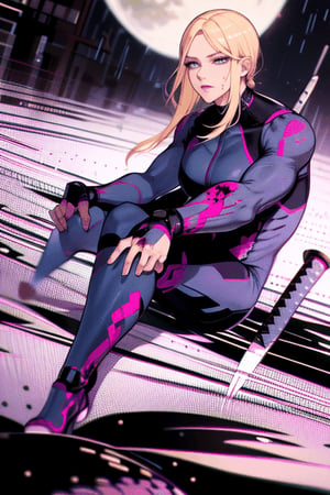 blonde woman, mature, adult, tall, outlined eyes, fine features, blue eyes, blue irises, straight hair, long hair, covered head, covered head, black bandages, black face mask, samurai suit, fighting suit, black samurai fighting suit, torn fighting suit, bloody suit, katana with discs, wounds, wounds all over the body, blood, pain, hurt, sitting, background, roof, night, rain, full moon,
