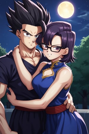 Man and woman hugging each other. Man with black-framed glasses, black-framed glasses, scar on left eye, scar on left eye, scar on left eye, serious and penetrating look, dark iris, black iris, black hair, short hair, spiky hair, locks standing up in irregular tips, jet-black hair, long, spiky lock of hair points downwards, jet-black hair, black T-shirt, sleeveless T-shirt, half-smile, arrogant smile. sayan, future, score_7_up, score_8_up, score_9, gohan_ultimate, gohan, black eyes, black clothes, glasses, hug, spiky hair, long sleeves,
Woman smiling happily, purple eyes, sweet and cheerful expression, long straight hair, very dark purple hair, sleeveless dress, sleeveless dress, navy blue dress, dress with gold details, dress with gold details, gold lace dress, gold lace dress, dress with cutout on the chest, dress with cutout on the chest, bare chest, bare chest, dress with cutout on the chest, bare chest. Background: clear night, park, lights, bushes, full moon, shouko komi, blue clothes, source_anime, score_7_up, score_8_up, score_9, gohan_ultimate, komi shouko, hug,