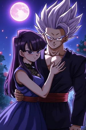 Man and woman hugging. Man wearing black framed glasses, scar on left eye running across top and bottom, serious and sharp look, dark iris, black iris, hair is black, short and spiky with locks that stand up in irregular spikes., long spiky jet black hair with a long spiky lock pointing down, jet black hair, BLACK t-shirt, half side smile. Woman smiling happily, purple eyes, sweet and cheerful expression, long straight hair, very dark purple hair, sleeveless dress, navy blue dress, dress with gold detailing, gold lace dress, dress with cut out on chest, bare chest. background: clear night, park, lights, bushes, full moon, shouko komi, sayan, future, blue clothes, source_anime, score_7_up, score_8_up, score_9, gohan_ultimate, komi shouko, gohan, black eyes, black clothes, glasses, hug, spiky hair, pompadour, long sleeves