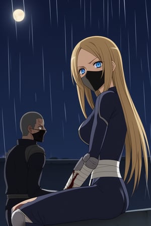 blonde woman, mature, adult, tall, outlined eyes, fine features, blue eyes, blue irises, straight hair, long hair, covered head, capped head, black bandages, black face mask, samurai suit, fighting suit, black samurai fighting suit, torn fighting suit, bloody suit, katana with discs, wounds, wounds all over body, blood, pain, hurt, sitting, background, roof, night, rain, thunder.