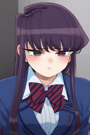 sad woman, crying, dark blue school uniform, blue uniform, purple eyes, sad and gloomy expression, long hair, straight hair, long straight hair, very dark purple hair, long haired woman, uniform, school uniform, komi_shouko, sad, tears, loneliness, sad, alone, upset, background: dark hallways, black, shadows.