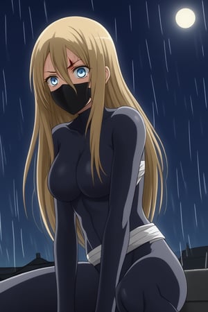 blonde woman, mature, adult, tall, outlined eyes, fine features, blue eyes, blue irises, straight hair, long hair, covered head, capped head, black bandages, black face mask, samurai suit, fighting suit, black samurai fighting suit, torn fighting suit, bloody suit, katana with discs, wounds, wounds all over body, blood, pain, hurt, sitting, background, roof, night, rain, thunder.