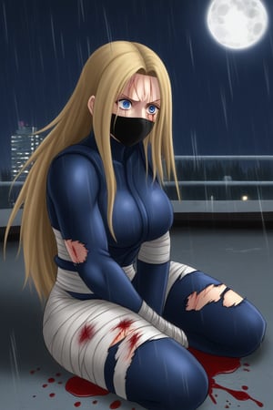 blonde woman, mature, adult, tall, outlined eyes, fine features, blue eyes, blue irises, straight hair, long hair, covered head, covered head, black bandages, black face mask, samurai suit, fighting suit, black samurai fighting suit, torn fighting suit, bloody suit, katana with discs, wounds, wounds all over the body, blood, pain, hurt, sitting, background, roof, night, rain, full moon,
