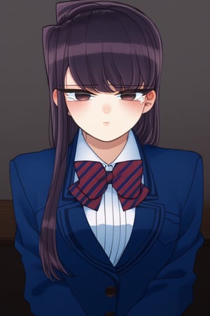 sad woman, crying, dark blue school uniform, blue uniform, purple eyes, sad and gloomy expression, long hair, straight hair, long straight hair, very dark purple hair, long haired woman, uniform, school uniform, komi_shouko, sad, depressing, red eyes, tears, loneliness, sad, alone, upset, background: dark, black, shadows.