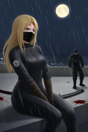 blonde woman, mature, adult, tall stature, outlined eyes, fine features, blue eyes, blue irises, straight hair, long hair, covered head, covered head, black bandages, black face mask, samurai suit, fighting suit, black samurai fighting suit, broken fighting suit, bloody suit, katana with disc, disk, small size disk, white color with black stripes, upper part drawn 空, wounds, wounds all over body, blood, broken suit, incomplete suit, pain, hurt, sitting, background, roof, night, rain, full moon,