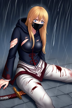 ((masterpiece, best quality)),
female, dark blonde hair, fine features, blue eyes, long hair, black hooded head, black face mask, samurai suit, detailed suit, black fighting suit, torn suit, torn skin suit, bloody suit, black and grey suit, katana, wounds, wounds all over body, blood, pain, hurt, sitting, night background, rain, thunder in the background, shonen anime composition.