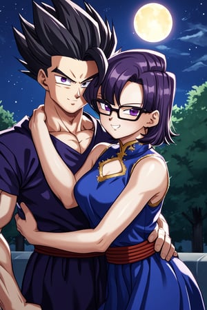 Man and woman hugging each other. Man with black-framed glasses, black-framed glasses, scar on left eye, scar on left eye, scar on left eye, serious and penetrating look, dark iris, black iris, black hair, short hair, spiky hair, locks standing up in irregular tips, jet-black hair, long, spiky lock of hair points downwards, jet-black hair, black T-shirt, sleeveless T-shirt, half-smile, arrogant smile. sayan, future, score_7_up, score_8_up, score_9, gohan_ultimate, gohan, black eyes, black clothes, glasses, hug, spiky hair, long sleeves,
Woman smiling happily, purple eyes, sweet and cheerful expression, long straight hair, very dark purple hair, sleeveless dress, sleeveless dress, navy blue dress, dress with gold details, dress with gold details, gold lace dress, gold lace dress, dress with cutout on the chest, dress with cutout on the chest, bare chest, bare chest, dress with cutout on the chest, bare chest. Background: clear night, park, lights, bushes, full moon, shouko komi, blue clothes, source_anime, score_7_up, score_8_up, score_9, gohan_ultimate, komi shouko, hug,