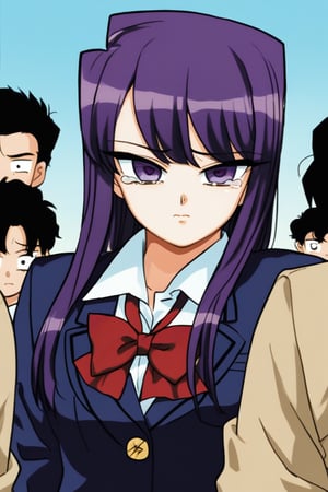 sad woman, crying, school uniform, purple eyes, sad and gloomy expression, long hair, straight hair, long straight hair, very dark purple hair, long haired woman, uniform, school uniform Background: school, hallways, students, school hallways, people talking.
