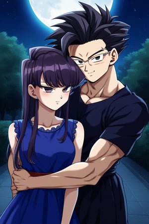 Man and woman hugging. Man wearing black-framed glasses, scar on left eye running across top and bottom, serious and sharp gaze, dark irises, black irises, long spiky jet-black hair with a long spiky lock pointing down, jet-black hair, BLACK t-shirt, half-sided smile. Woman smiling happily, purple eyes, sweet and cheerful expression, long straight hair, very dark purple hair, sleeveless dress, navy blue dress, dress with gold details, gold lace dress, dress with cutout on chest, bare chest.
background: clear night, park, lights, bushes, full moon, shouko komi, sayan, future, blue clothes, source_anime, score_7_up, score_8_up, score_9, gohan_ultimate, komi shouko, gohan, black eyes, black clothes, glasses, hug, spiky_hair, pompadour, long_sleeves