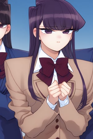 sad woman, crying, school uniform, purple eyes, sad and gloomy expression, long hair, straight hair, long straight hair, very dark purple hair, long haired woman, uniform, school uniform Background: school, hallways, students, school hallways, people talking.,komi_shouko