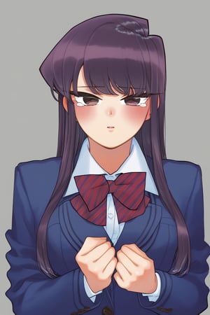 sad woman, crying, school uniform, purple eyes, sad and gloomy expression, long hair, straight hair, long straight hair, very dark purple hair, long haired woman, uniform, school uniform, komi_shouko, sad, tears, loneliness, sadness, alone, background: molested, bullying, school, hallways, laughter, teasing, tears, school hallways,