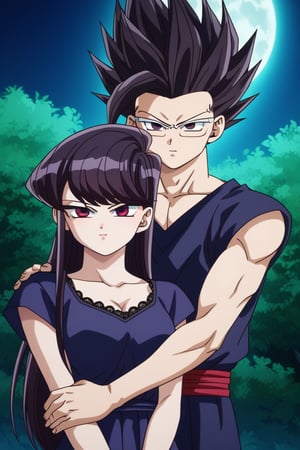 Man and woman hugging. Man wearing black framed glasses, scar on left eye running across top and bottom, serious and sharp look, dark iris, black iris, hair is black, short and spiky with locks that stand up in irregular spikes., long spiky jet black hair with a long spiky lock pointing down, jet black hair, BLACK t-shirt, half side smile. Woman smiling happily, purple eyes, sweet and cheerful expression, long straight hair, very dark purple hair, sleeveless dress, navy blue dress, dress with gold detailing, gold lace dress, dress with cut out on chest, bare chest. background: clear night, park, lights, bushes, full moon, shouko komi, sayan, future, blue clothes, source_anime, score_7_up, score_8_up, score_9, gohan_ultimate, komi shouko, gohan, black eyes, black clothes, glasses, hug, spiky hair, pompadour, long sleeves