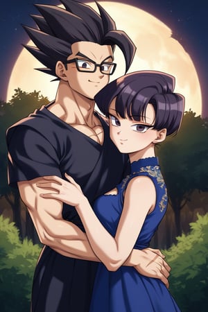 Man and woman hugging each other. Man with black-framed glasses, black-framed glasses, scar on left eye, scar on left eye, scar on left eye, serious and penetrating look, dark iris, black iris, black hair, short hair, spiky hair, locks standing up in irregular tips, jet-black hair, long, spiky lock of hair points downwards, jet-black hair, black T-shirt, sleeveless T-shirt, half-smile, arrogant smile. sayan, future, score_7_up, score_8_up, score_9, gohan_ultimate, gohan, black eyes, black clothes, glasses, hug, spiky hair, long sleeves,
Woman smiling happily, purple eyes, sweet and cheerful expression, long straight hair, very dark purple hair, sleeveless dress, sleeveless dress, navy blue dress, dress with gold details, dress with gold details, gold lace dress, gold lace dress, dress with cutout on the chest, dress with cutout on the chest, bare chest, bare chest, dress with cutout on the chest, bare chest. Background: clear night, park, lights, bushes, full moon, shouko komi, blue clothes, source_anime, score_7_up, score_8_up, score_9, gohan_ultimate, komi shouko, hug,