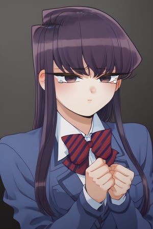 sad woman, crying, dark blue school uniform, blue uniform, purple eyes, sad and gloomy expression, long hair, straight hair, long straight hair, very dark purple hair, long haired woman, uniform, school uniform, komi_shouko, sad, depressing, red eyes, tears, loneliness, sad, alone, upset, background: dark, black, shadows.