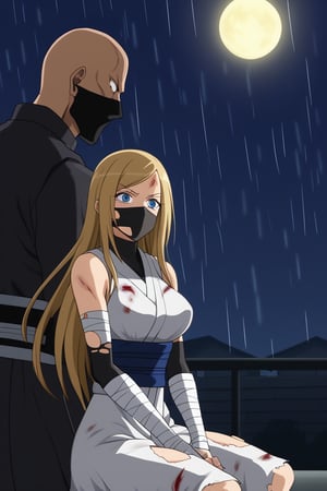 blonde woman, mature, adult, tall, outlined eyes, fine features, blue eyes, blue irises, straight hair, long hair, covered head, capped head, black bandages, black face mask, samurai suit, fighting suit, black samurai fighting suit, torn fighting suit, bloody suit, katana with discs, wounds, wounds all over body, blood, pain, hurt, sitting, background, roof, night, rain, thunder.