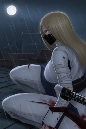 blonde woman, mature, adult, tall, outlined eyes, fine features, blue eyes, blue irises, straight hair, long hair, covered head, covered head, black bandages, black face mask, samurai suit, fighting suit, black samurai fighting suit, torn fighting suit, bloody suit, katana with discs, wounds, wounds all over the body, blood, pain, hurt, sitting, background, roof, night, rain, full moon,
