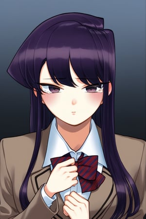 sad woman, crying, school uniform, purple eyes, sad and gloomy expression, long hair, straight hair, long straight hair, very dark purple hair, long haired woman, uniform, school uniform, komi_shouko, sad, tears, loneliness, sad, alone, background: molested, bullying, school, hallways, laughter, teasing, school hallways, people talking, people playing, ren yamai, najimi osana,