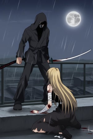 blonde woman, mature, adult, tall stature, outlined eyes, fine features, blue eyes, blue irises, straight hair, long hair, covered head, hooded head, black hood, black bandages, black mask, samurai suit, fighting suit, black samurai fighting suit, torn suit, suit with blood, katana with disc, disc, small size disc, white color with black stripes, top drawn 空, wounds, wounds all over the body, blood, torn suit, suit incomplete, pain, hurt, sitting, background, roof, night, rain, full moon,