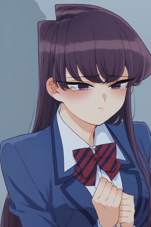 sad woman, crying, dark blue school uniform, blue uniform, purple eyes, sad and gloomy expression, long hair, straight hair, long straight hair, very dark purple hair, long haired woman, uniform, school uniform, komi_shouko, sad, tears, loneliness, sad, alone, upset, background: dark hallways, black, shadows.