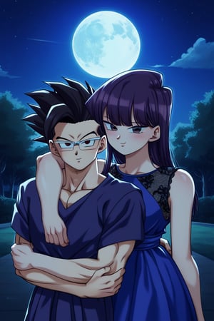 Man and woman hugging. Man wearing black-framed glasses, scar on left eye running across top and bottom, serious and sharp gaze, dark irises, black irises, long spiky jet-black hair with a long spiky lock pointing down, jet-black hair, BLACK t-shirt, half-sided smile. Woman smiling happily, purple eyes, sweet and cheerful expression, long straight hair, very dark purple hair, sleeveless dress, navy blue dress, dress with gold details, gold lace dress, dress with cutout on chest, bare chest.
background: clear night, park, lights, bushes, full moon, shouko komi, sayan, future, blue clothes, source_anime, score_7_up, score_8_up, score_9, gohan_ultimate, komi shouko, gohan, black eyes, black clothes, glasses, hug, spiky_hair, pompadour, long_sleeves