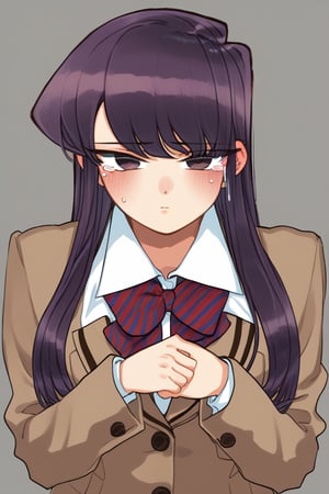 sad woman, crying, school uniform, purple eyes, sad and gloomy expression, long hair, straight hair, long straight hair, very dark purple hair, long haired woman, uniform, school uniform, komi_shouko, sad, tears, loneliness, sad, alone, upset, background: dark hallways, black, shadows.