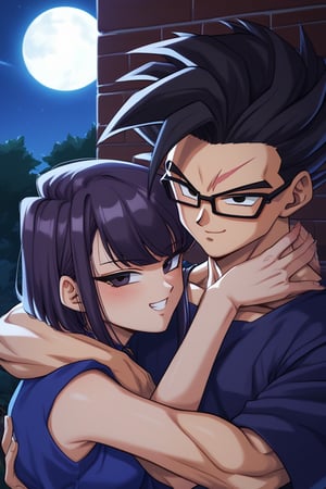 Man and woman hugging each other. Man with black-framed glasses, black-framed glasses, scar on left eye, scar on left eye, scar on left eye, serious and penetrating look, dark iris, black iris, black hair, short hair, spiky hair, locks standing up in irregular tips, jet-black hair, long, spiky lock of hair points downwards, jet-black hair, black T-shirt, sleeveless T-shirt, half-smile, arrogant smile. sayan, future, score_7_up, score_8_up, score_9, gohan_ultimate, gohan, black eyes, black clothes, glasses, hug, spiky hair, long sleeves,
Woman smiling happily, purple eyes, sweet and cheerful expression, long straight hair, very dark purple hair, sleeveless dress, sleeveless dress, navy blue dress, dress with gold details, dress with gold details, gold lace dress, gold lace dress, dress with cutout on the chest, dress with cutout on the chest, bare chest, bare chest, dress with cutout on the chest, bare chest. Background: clear night, park, lights, bushes, full moon, shouko komi, blue clothes, source_anime, score_7_up, score_8_up, score_9, gohan_ultimate, komi shouko, hug,