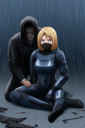 ((masterpiece, best quality)),
female, dark blonde hair, mature, adult, tall, outlined eyes, fine features, blue eyes, blue irises, straight hair, black hooded head, black face mask, samurai suit, detailed suit, black fighting suit, armor suit, broken armor, 望 emblem on upper right chest, broken fighting suit, bloody suit, black suit with gray, black and gray, damaged katana, wounds, wounds all over body, blood, pain, hurt, sitting, night, rain, thunder in the background, anime composition
