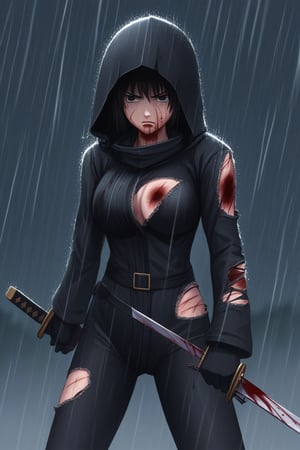 ((masterpiece, best quality)), woman, black hood, samurai suit, black detailed suit, torn suit, bloody suit, sword, wounds, wounds all over the body, blood, serious, in a night background, rain, thunder, anime composition