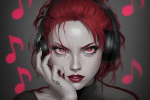 A captivating and striking anime portrait of a fierce and enigmatic woman. Her fiery red hair is tied into a messy bun, framing her captivating grey eyes. She wears a headset and has a bold "WFA" tattoo on her wrist. Her red-tipped fingers rest near her face, accentuating her bold and distinctive style. The background is a deep, inky black with several music notes scattered across, adding an extra layer of depth and emphasizing the intensity of her expression and presence.