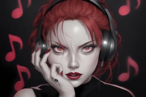 A captivating and striking anime portrait of a fierce and enigmatic woman. Her fiery red hair is tied into a messy bun, framing her captivating grey eyes. She wears a headset and has a bold "WFA" tattoo on her wrist. Her red-tipped fingers rest near her face, accentuating her bold and distinctive style. The background is a deep, inky black with several music notes scattered across, adding an extra layer of depth and emphasizing the intensity of her expression and presence.