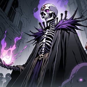 score_9, score_8_up, score_7_up, source_anime, speedlines, expressive, best quality, detailed eyes, perfect face, perfect hands, image focus on lich, (1man, lich, skeleton, undead), (skull face), black robe, glowing purple eyes, hooded, book of death, staff of decay, souls, soul magic, dark, magic, necromancer, undead, evil, army of dead, undead warriors. zombies, ghosts, dread, fear,