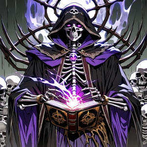 score_9, score_8_up, score_7_up, source_anime, speedlines, expressive, best quality, detailed eyes, perfect face, perfect hands, image focus on lich, (1man, lich, skeleton, undead), (skull face), black robe, glowing purple eyes, hooded, book of death, staff of decay, souls, soul magic, dark, magic, necromancer, undead, evil, ((burning a pair of red greatpants), dread, fear,floox style