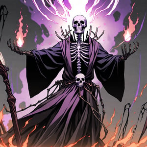 score_9, score_8_up, score_7_up, source_anime, speedlines, expressive, best quality, detailed eyes, perfect face, perfect hands, image focus on lich, (1man, lich, skeleton, undead), (skull face), black robe, glowing purple eyes, hooded, book of death, staff of decay, souls, soul magic, dark, magic, necromancer, undead, evil, ((burning a pair of red greatpants), dread, fear,