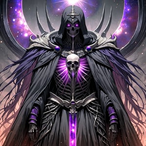 score_9, score_8_up, score_7_up, source_anime, speedlines, expressive, best quality, detailed eyes, perfect face, perfect hands, ((dark celestialskin body, Celestrial, void cosmic body, Universe)), (male), (lich) skeleton, towering, bulky, glowing purple eyes, skull mask, hooded, black robe, dark magic, soul magic, necromancer, souls, looking at viewer, ((manical laughter)), Evil,hkstyle