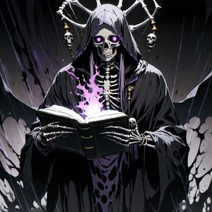 score_9, score_8_up, score_7_up, source_anime, speedlines, expressive, best quality, detailed eyes, perfect face, perfect hands, image focus on lich, (1man, lich, skeleton, undead), (skull face), black robe, glowing purple eyes, hooded, book of death, staff of decay, souls, soul magic, dark, magic, necromancer, undead, evil, ((burning a red greatpants), dread, fear,sinozick style, dark theme