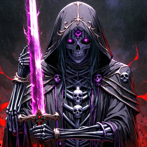 score_9, score_8_up, score_7_up, source_anime, speedlines, expressive, best quality, detailed eyes, perfect face, perfect hands, image focus on lich, (1man, lich, skeleton, undead), (skull face), black robe, glowing purple eyes, hooded, red, holding cursed long sword, pointing sword at viewer, necromancer, dark magic, soul magic, souls, evil, darkness, dread, fear, sinister,hkstyle