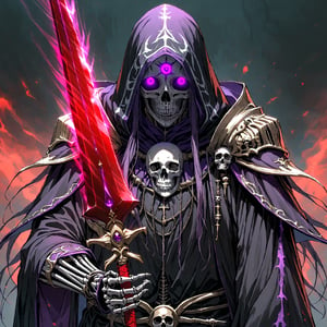 score_9, score_8_up, score_7_up, source_anime, speedlines, expressive, best quality, detailed eyes, perfect face, perfect hands, image focus on lich, (1man, lich, skeleton, undead), (skull face), black robe, glowing purple eyes, hooded, red, holding cursed long sword, pointing sword at viewer, necromancer, dark magic, soul magic, souls, evil, darkness, dread, fear, sinister