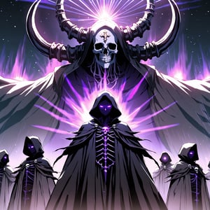 score_9, score_8_up, score_7_up, source_anime, speedlines, expressive, best quality, detailed eyes, perfect face, perfect hands, ((dark celestialskin body, Celestrial, void cosmic body, Universe)), (male), (lich) skeleton, towering, bulky, glowing purple eyes, skull mask, hooded, black robe, dark magic, soul magic, necromancer, souls, looking at viewer, ((manical laughter)), Evil,