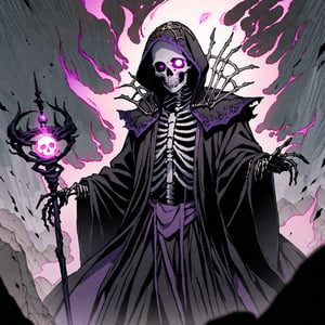 score_9, score_8_up, score_7_up, source_anime, speedlines, expressive, best quality, detailed eyes, perfect face, perfect hands, image focus on lich, (1man, lich, skeleton, undead), (skull face), black robe, glowing purple eyes, hooded, book of death, staff of decay, souls, soul magic, dark, magic, necromancer, undead, evil, ((burning a pair of red greatpants), dread, fear,