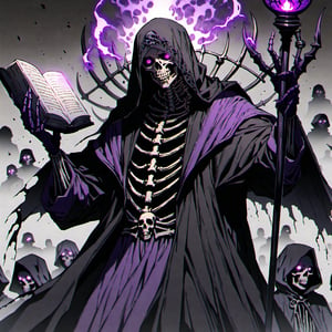 score_9, score_8_up, score_7_up, source_anime, speedlines, expressive, best quality, detailed eyes, perfect face, perfect hands, image focus on lich, (1man, lich, skeleton, undead), (skull face), black robe, glowing purple eyes, hooded, book of death, staff of decay, souls, soul magic, dark, magic, necromancer, undead, evil, army of dead, undead warriors. zombies, ghosts, dread, fear,sinozick style