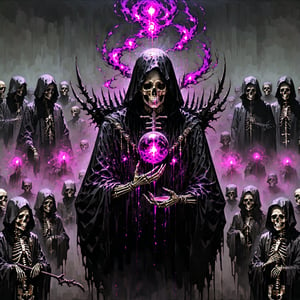 score_9, score_8_up, score_7_up, source_anime, speedlines, expressive, best quality, detailed eyes, perfect face, perfect hands, image focus on lich, (1man, lich, skeleton, undead), (skull face), black robe, glowing purple eyes, hooded, book of death, staff of decay, souls, soul magic, dark, magic, necromancer, undead, evil, army of dead, undead warriors. zombies, ghosts, dread, fear,