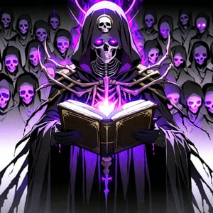 score_9, score_8_up, score_7_up, source_anime, speedlines, expressive, best quality, detailed eyes, perfect face, perfect hands, image focus on lich, (1man, lich, skeleton, undead), (skull face), black robe, glowing purple eyes, hooded, black gloves, book of death, staff of decay, souls, soul magic, dark, magic, necromancer, undead, evil, army of dead, undead warriors. zombies, ghosts, dread, fear